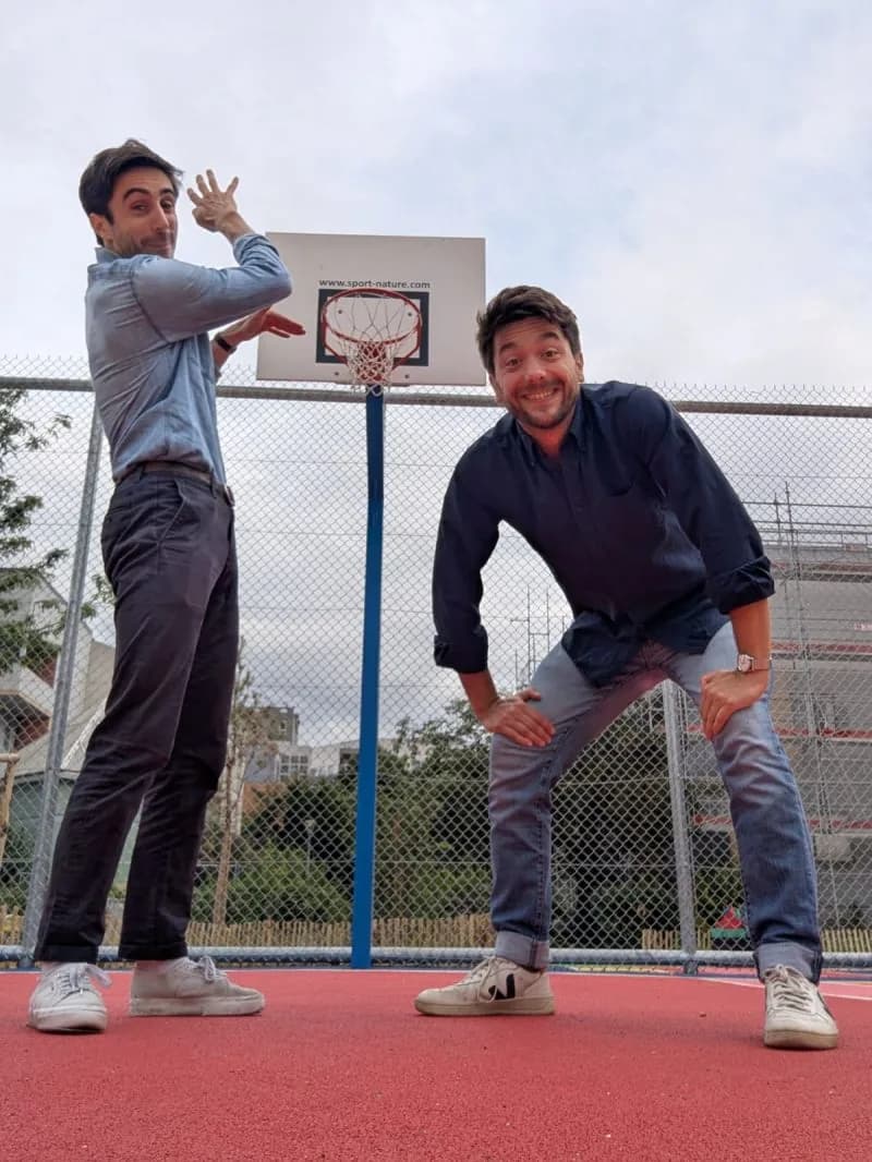 Martin Fagart and Gildas de la Monneraye, co-founders of Karavane, on a basketball court