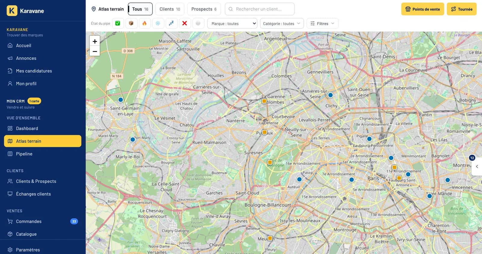 L’Atlas terrain de l’agent commercial dans son CRM Karavane : ses clients et prospects sur la carte