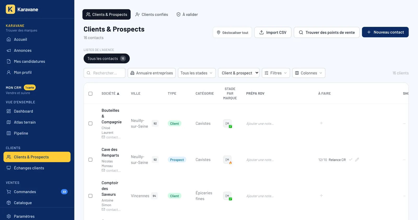 Le CRM de l’agent commercial sur Karavane : clients et prospects, stade par marque, choses à faire