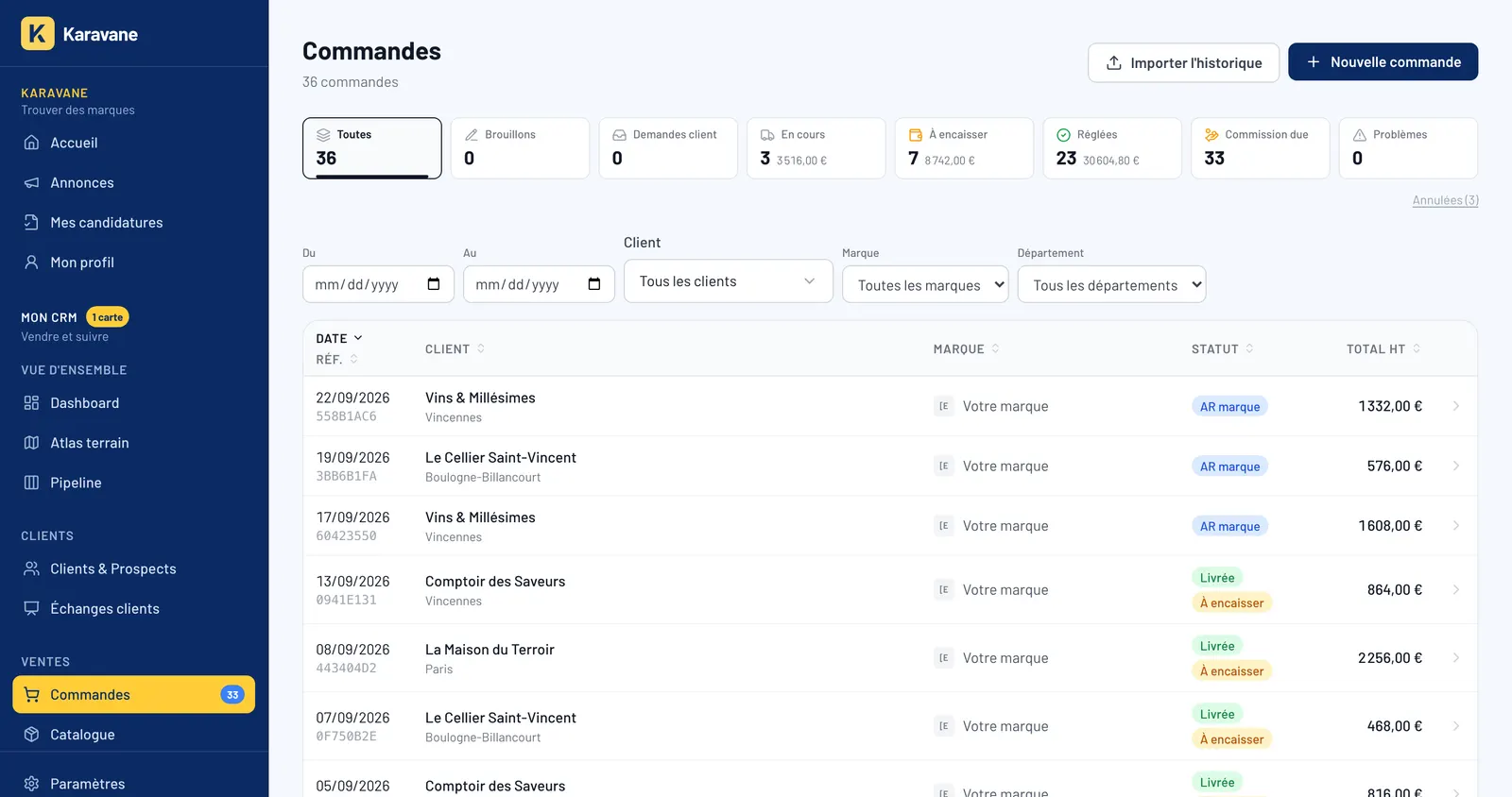 Le CRM de l’agent commercial sur Karavane : ses commandes, leur statut et sa commission