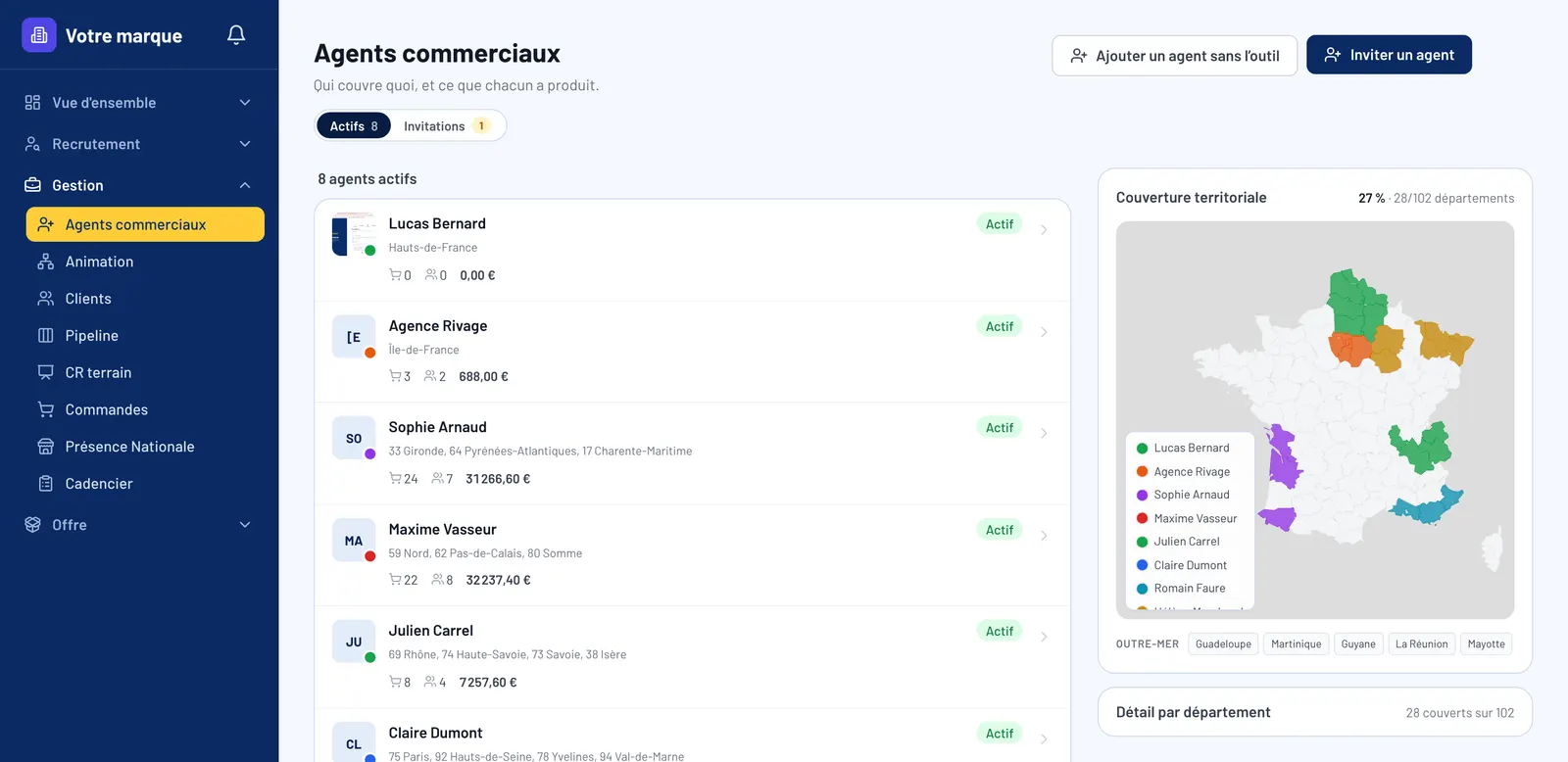 La liste des agents commerciaux d’une marque dans Karavane, avec la carte de couverture territoriale