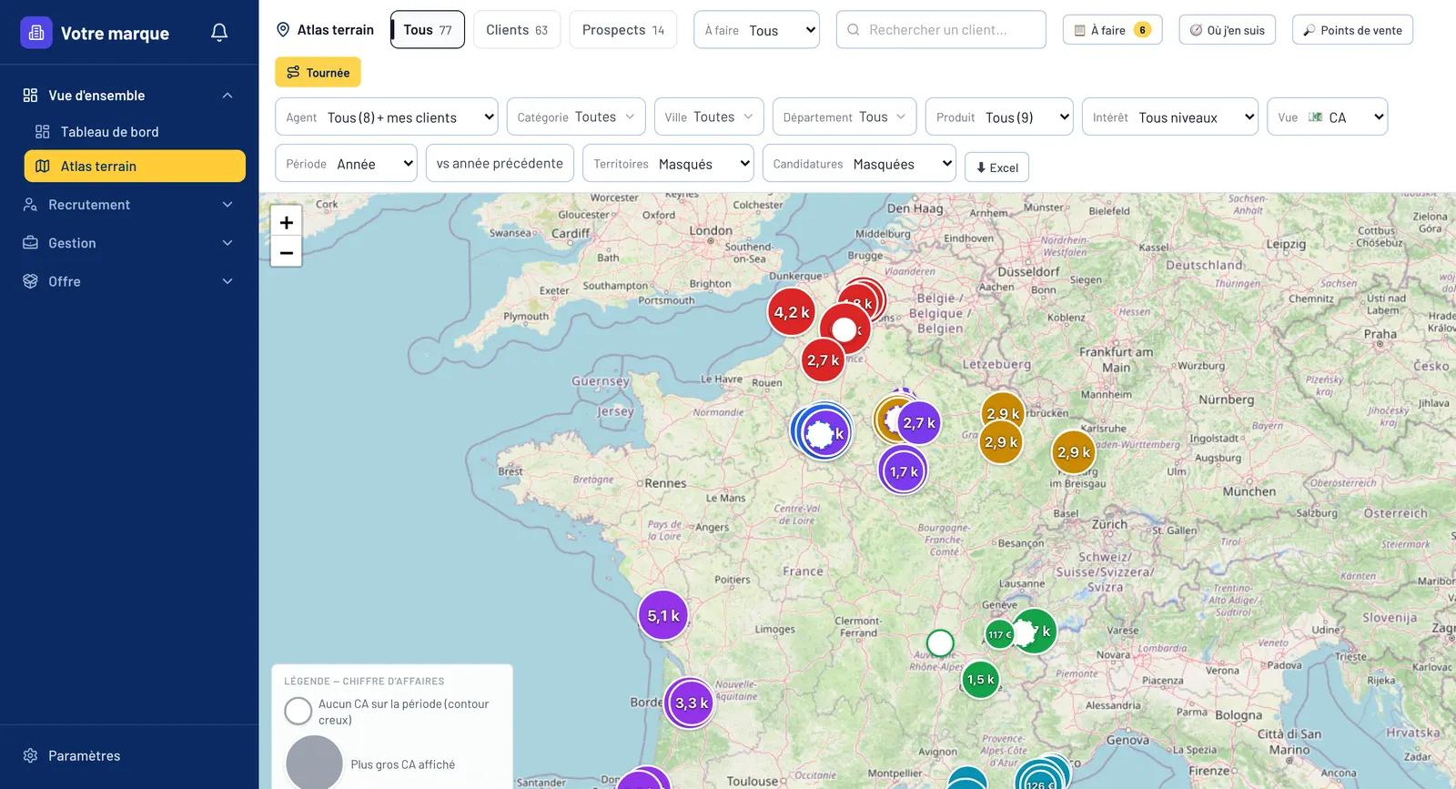 El Atlas de campo en modo «facturación»: los clientes de la red en el mapa, comparados con el periodo anterior