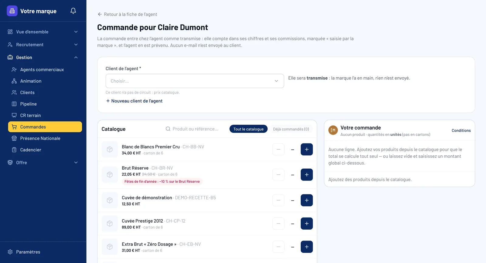 Une commande saisie par la marque pour un agent commercial dans Karavane, depuis le catalogue
